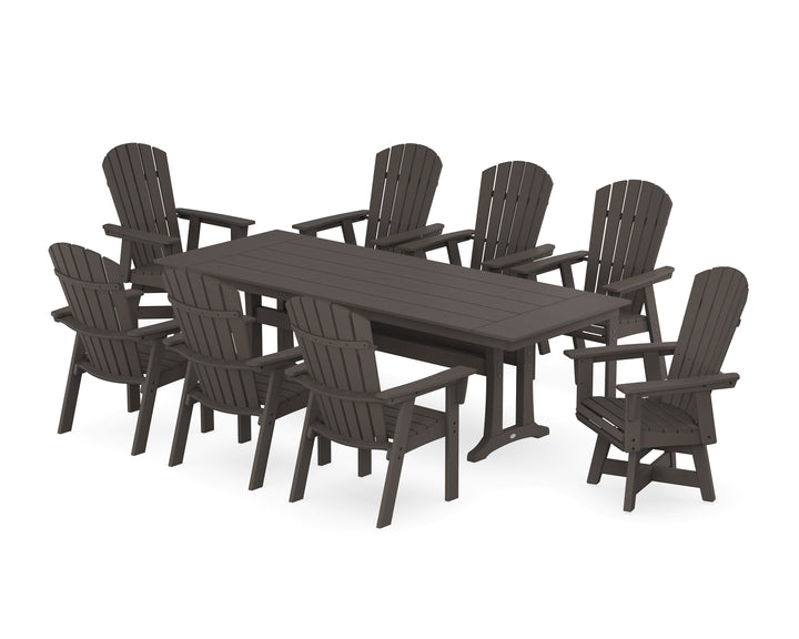 POLYWOOD® Nautical Curveback Adirondack Swivel 9-Piece Farmhouse Dining Set with Trestle Legs