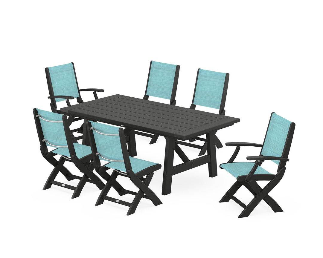 POLYWOOD® Coastal Folding Chair 7-Piece Rustic Farmhouse Dining Set
