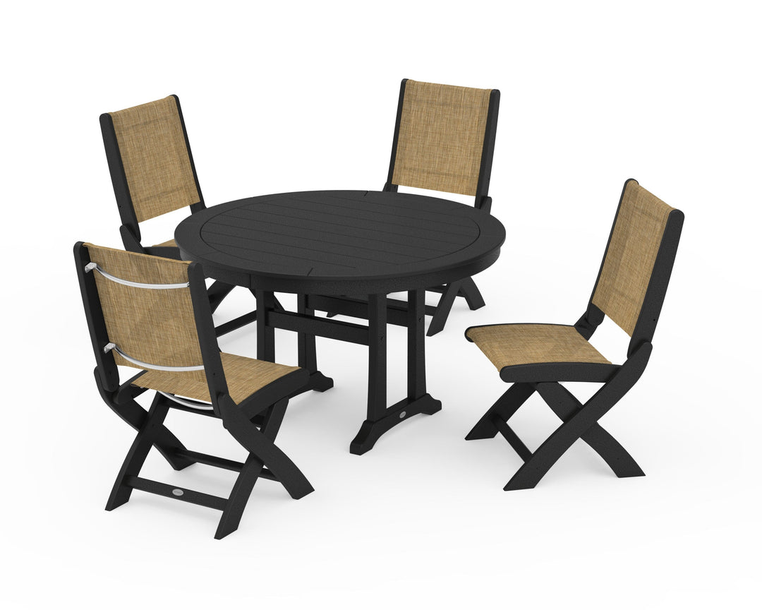 POLYWOOD® Coastal Folding Side Chair 5-Piece Round Dining Set With Trestle Legs