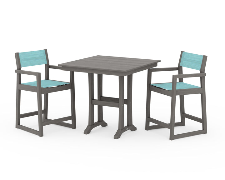 POLYWOOD® EDGE Sling Arm Chair 3-Piece Farmhouse Counter Set with Trestle Legs