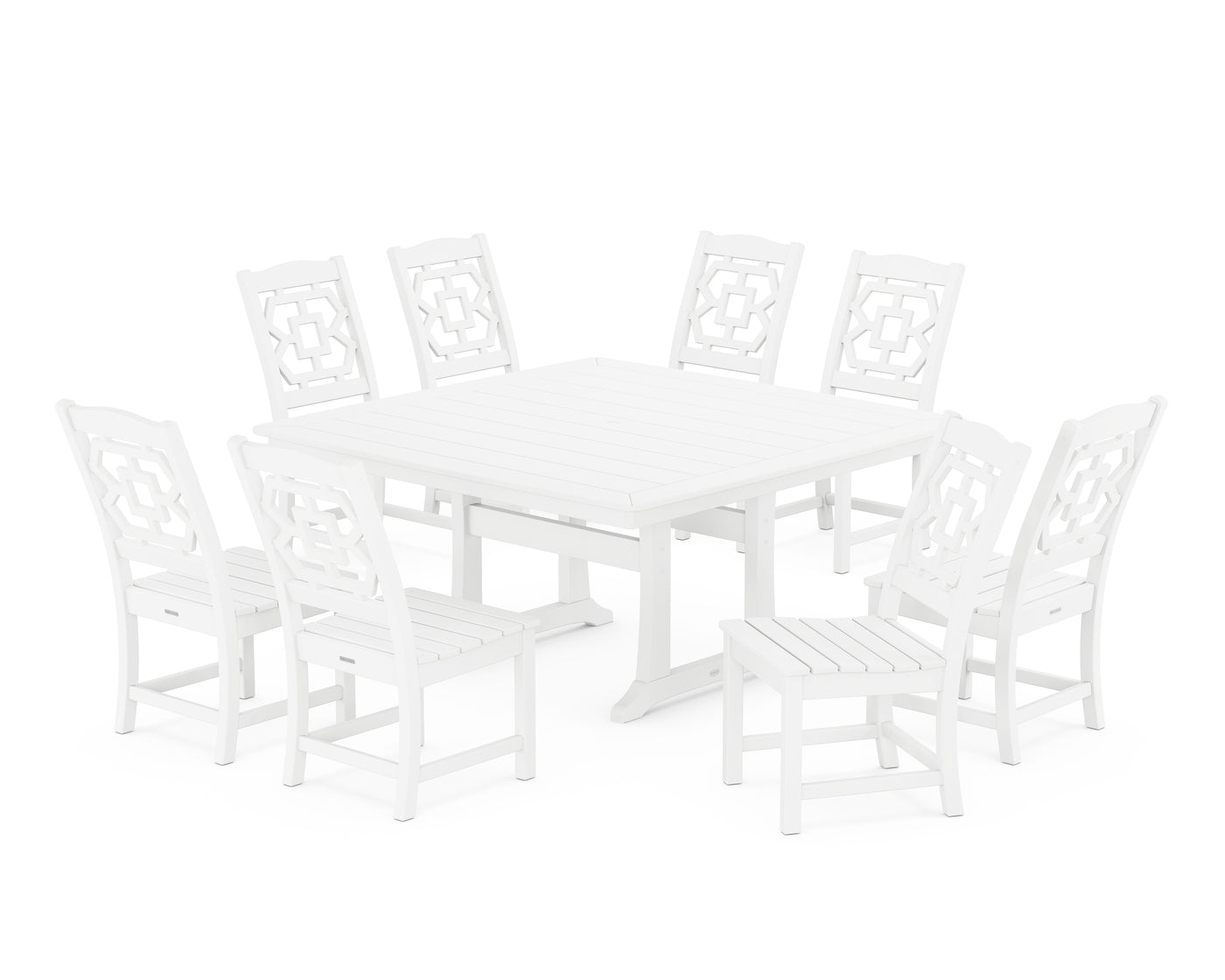 Chinoiserie 9-Piece Square Side Chair Dining Set with Trestle Legs