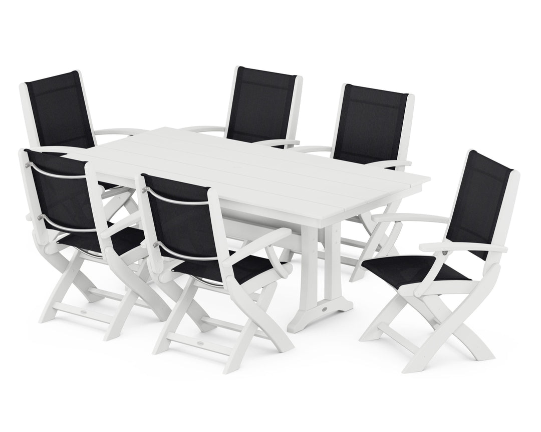 POLYWOOD® Coastal Folding Arm Chair 7-Piece Farmhouse Dining Set with Trestle Legs