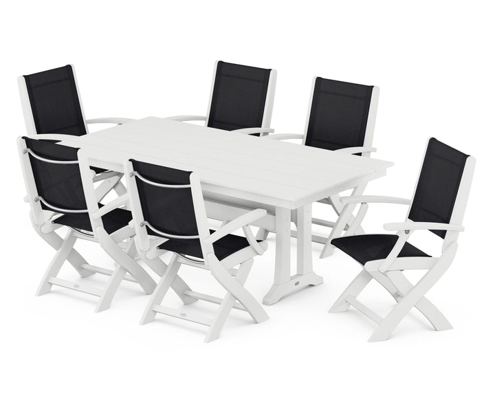 POLYWOOD® Coastal Folding Arm Chair 7-Piece Farmhouse Dining Set with Trestle Legs