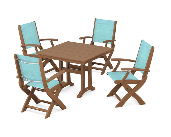 POLYWOOD® Coastal Folding Chair 5-Piece Farmhouse Dining Set With Trestle Legs