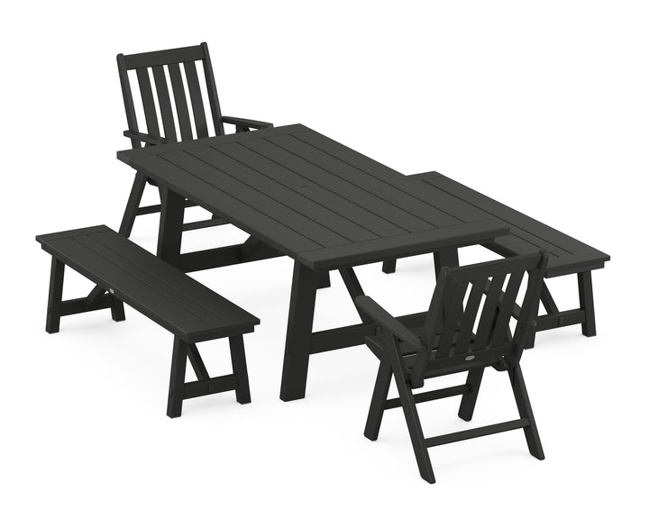 POLYWOOD® Vineyard Folding Chair 5-Piece Rustic Farmhouse Dining Set With Benches