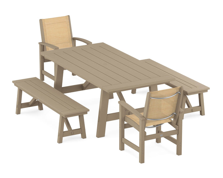 POLYWOOD® Coastal 5-Piece Rustic Farmhouse Dining Set With Benches