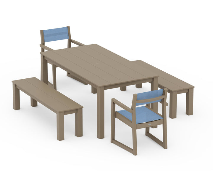 POLYWOOD® EDGE Sling Arm Chair 5-Piece Parsons Dining Set with Benches