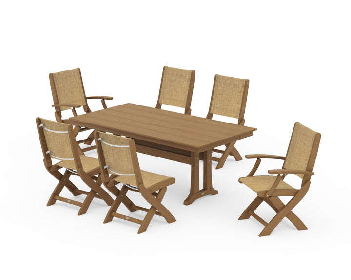 POLYWOOD® Coastal Folding Chair 7-Piece Farmhouse Dining Set with Trestle Legs