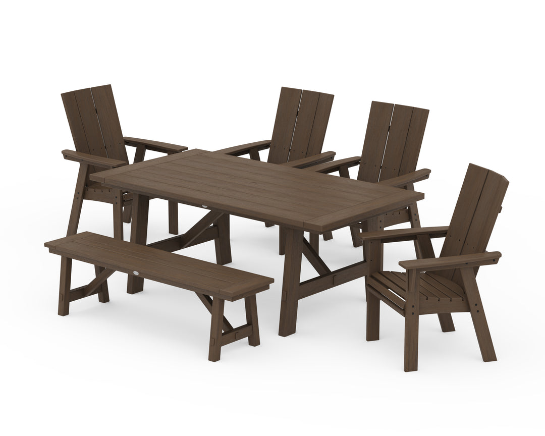 POLYWOOD® Modern Curveback Adirondack 6-Piece Rustic Farmhouse Dining Set with Bench