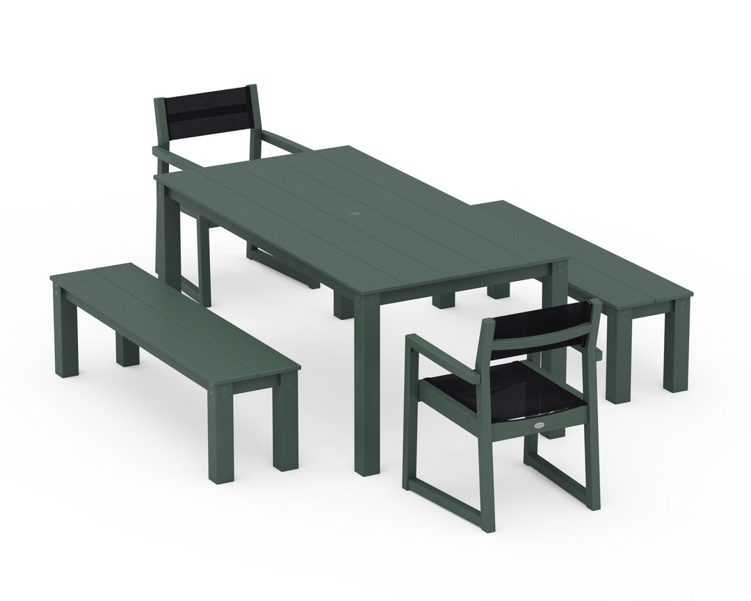 POLYWOOD® EDGE Sling Arm Chair 5-Piece Parsons Dining Set with Benches
