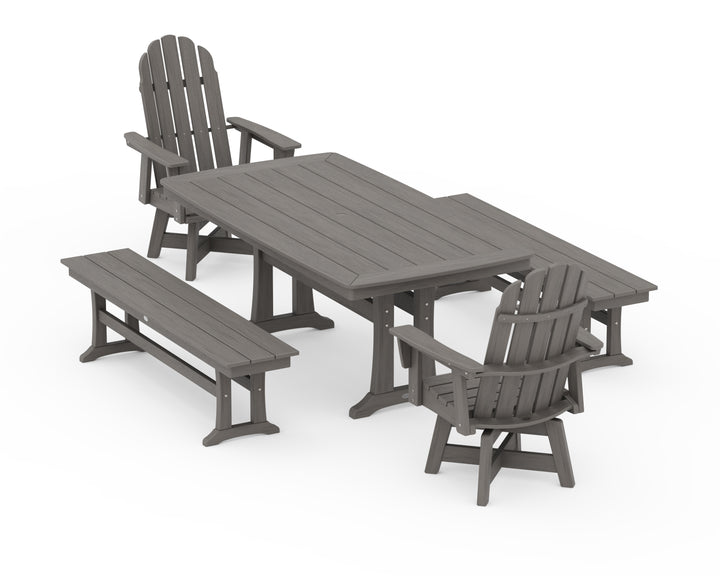 POLYWOOD® Vineyard Adirondack Swivel Chair 5-Piece Dining Set with Trestle Legs and Benches
