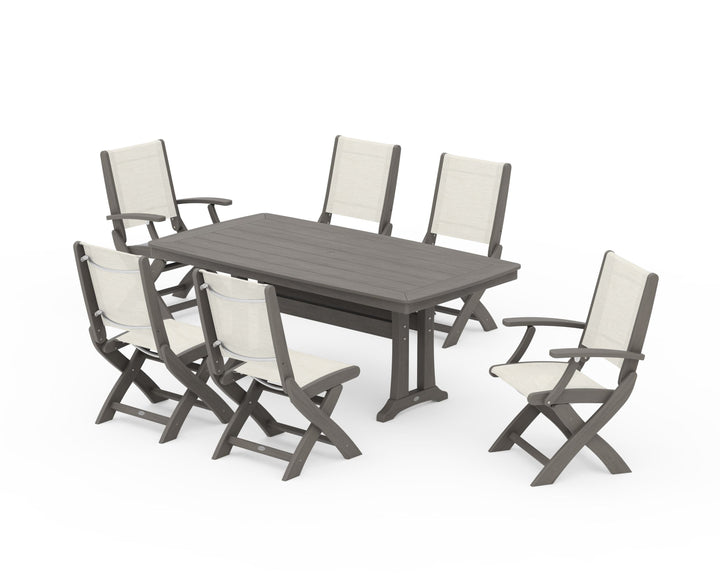 POLYWOOD® Coastal Folding Chair 7-Piece Dining Set with Trestle Legs