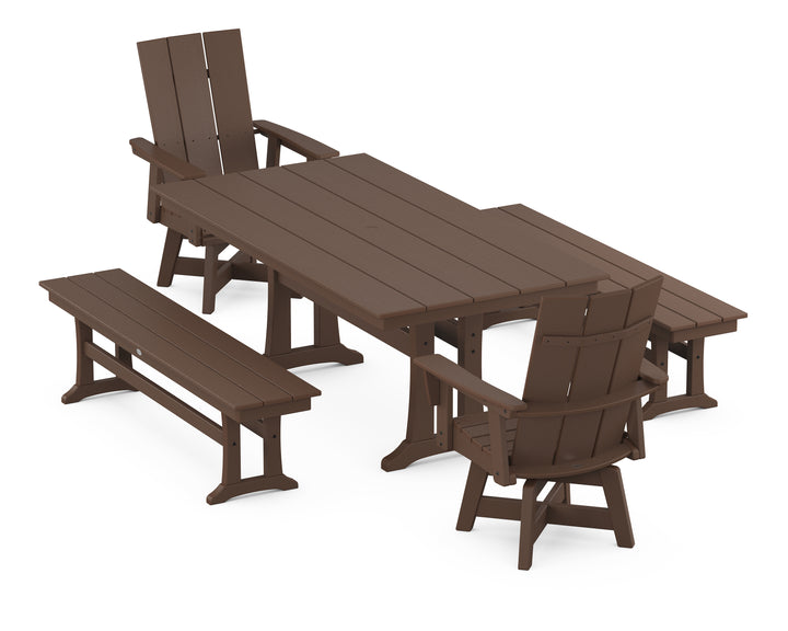 POLYWOOD® Modern Curveback Adirondack Swivel Chair 5-Piece Farmhouse Dining Set With Trestle Legs and Benches