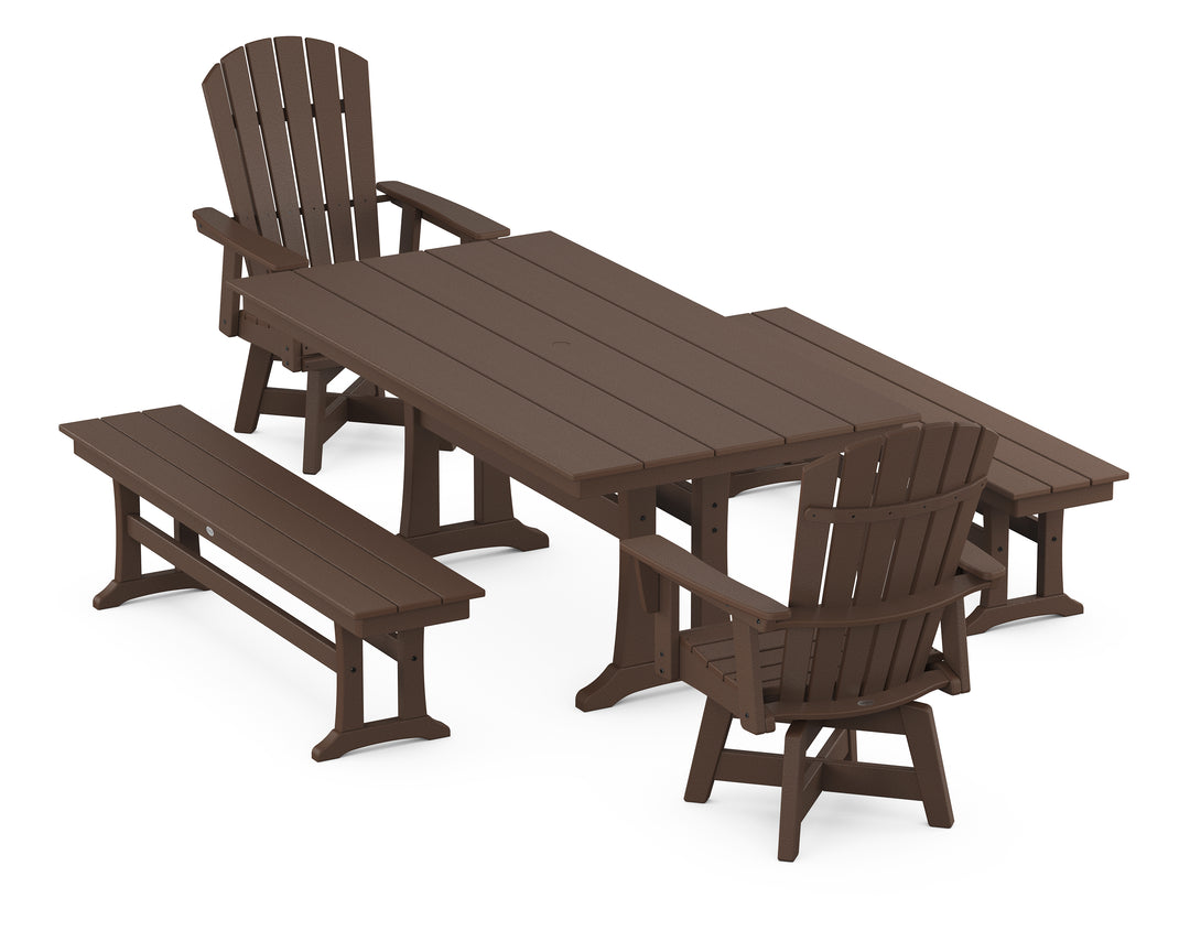 POLYWOOD® Nautical Curveback Adirondack Swivel Chair 5-Piece Farmhouse Dining Set With Trestle Legs and Benches