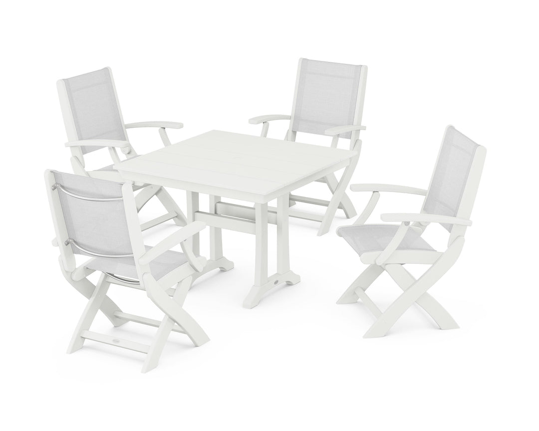 POLYWOOD® Coastal Folding Chair 5-Piece Farmhouse Dining Set With Trestle Legs