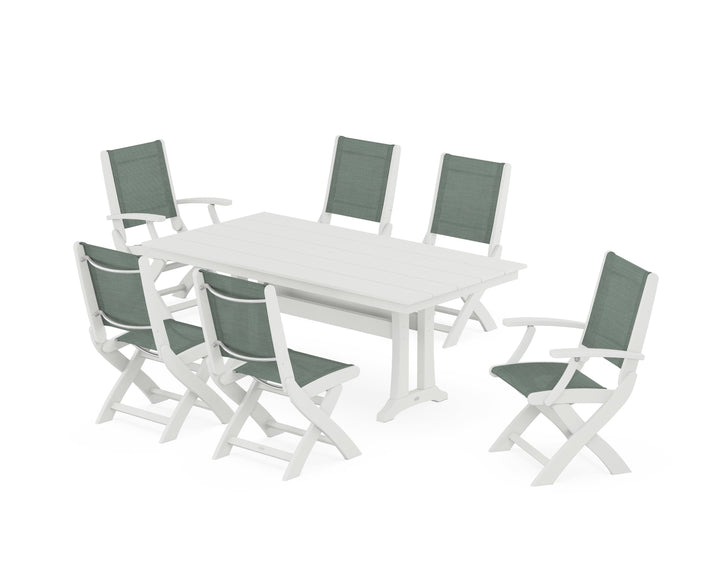 POLYWOOD® Coastal Folding Chair 7-Piece Farmhouse Dining Set with Trestle Legs