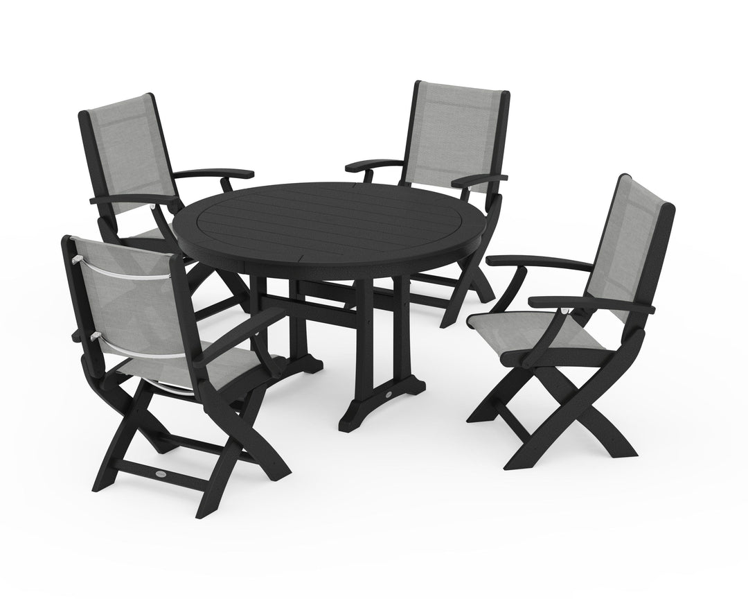 POLYWOOD® Coastal Folding Chair 5-Piece Round Dining Set with Trestle Legs