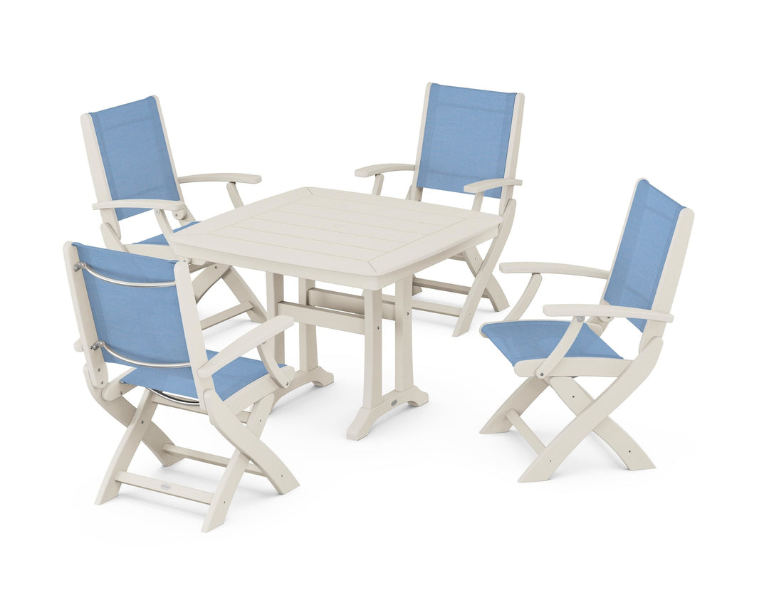 POLYWOOD® Coastal Folding Chair 5-Piece Dining Set with Trestle Legs