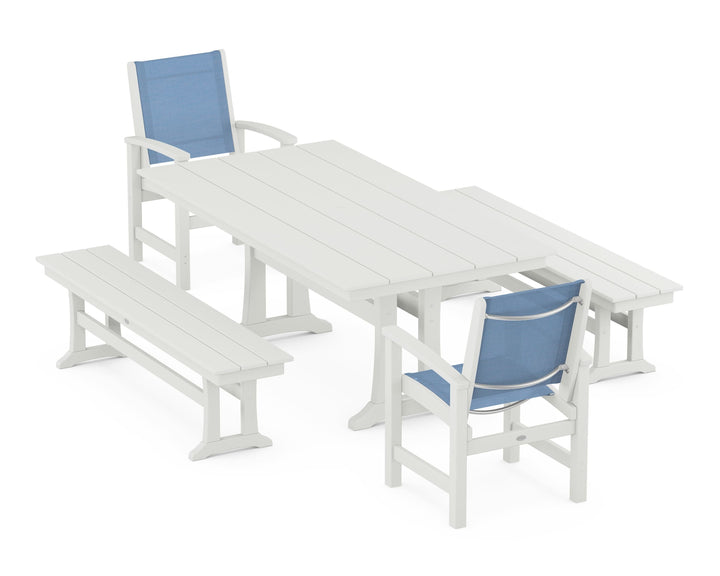 POLYWOOD® Coastal 5-Piece Farmhouse Dining Set with Trestle Legs and Benches