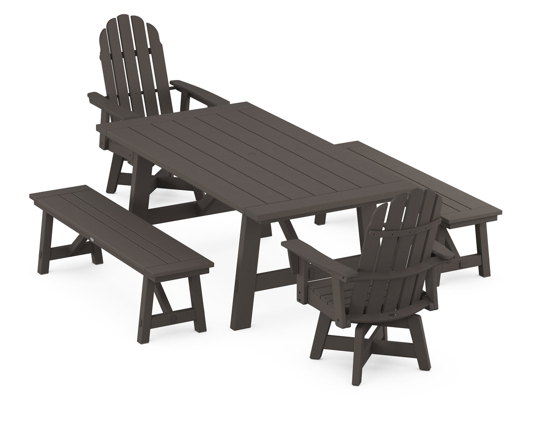POLYWOOD® VineyardCurveback Adirondack Swivel Chair 5-Piece Rustic Farmhouse Dining Set With Benches