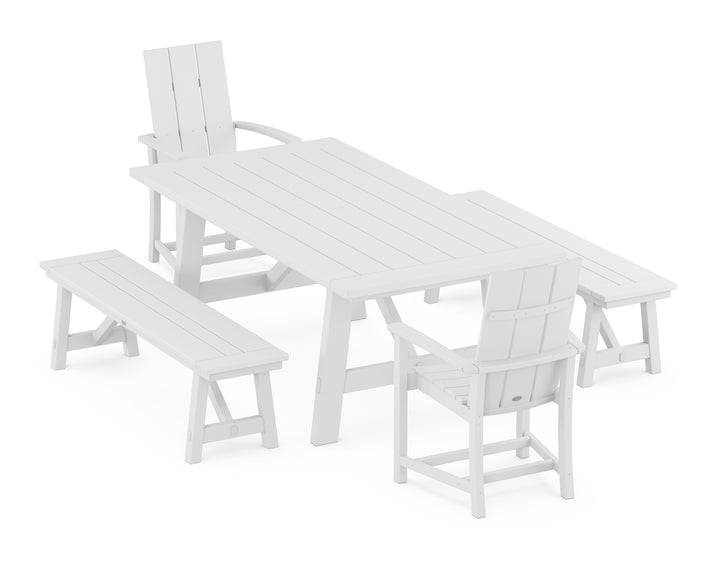 POLYWOOD® Modern Adirondack 5-Piece Rustic Farmhouse Dining Set With Benches