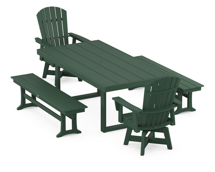 POLYWOOD® Nautical Curveback Adirondack Swivel Chair 5-Piece Dining Set with Benches