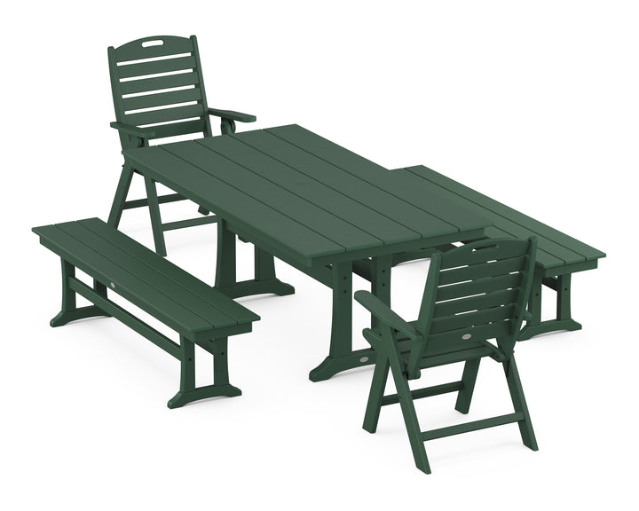 POLYWOOD® Nautical Folding Highback Chair 5-Piece Farmhouse Dining Set With Trestle Legs and Benches