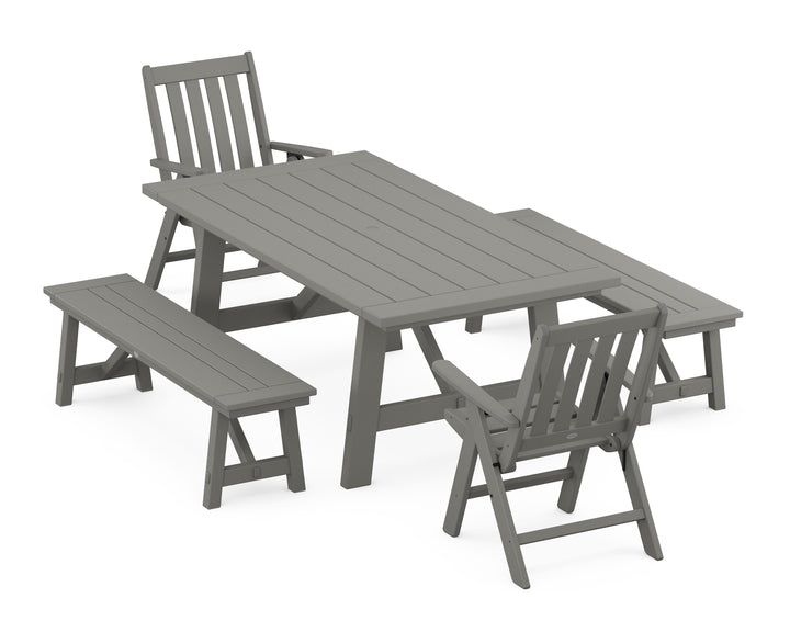 POLYWOOD® Vineyard Folding Chair 5-Piece Rustic Farmhouse Dining Set With Benches