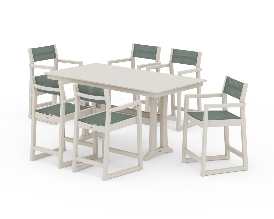 POLYWOOD® EDGE Sling Arm Chair 7-Piece Farmhouse Counter Set with Trestle Legs