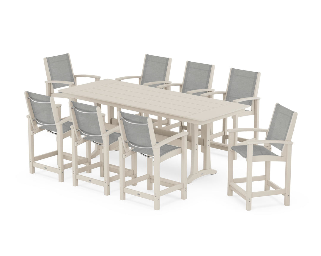 POLYWOOD® Coastal 9-Piece Farmhouse Counter Set with Trestle Legs