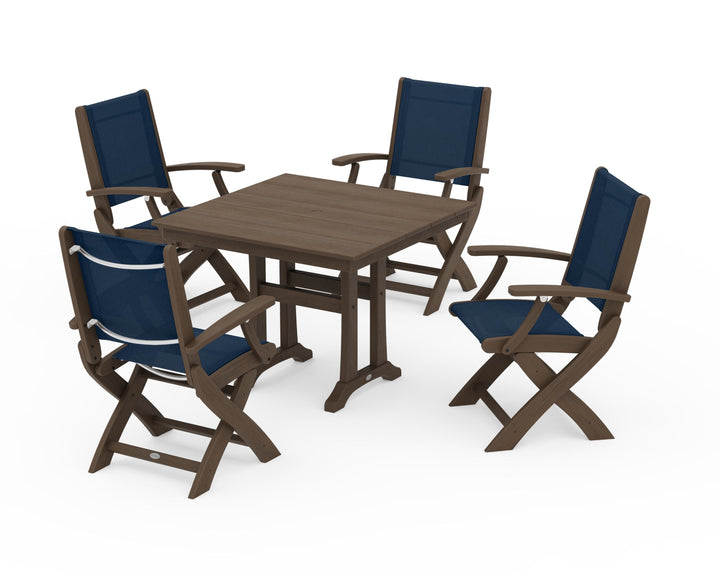 POLYWOOD® Coastal Folding Chair 5-Piece Farmhouse Dining Set With Trestle Legs