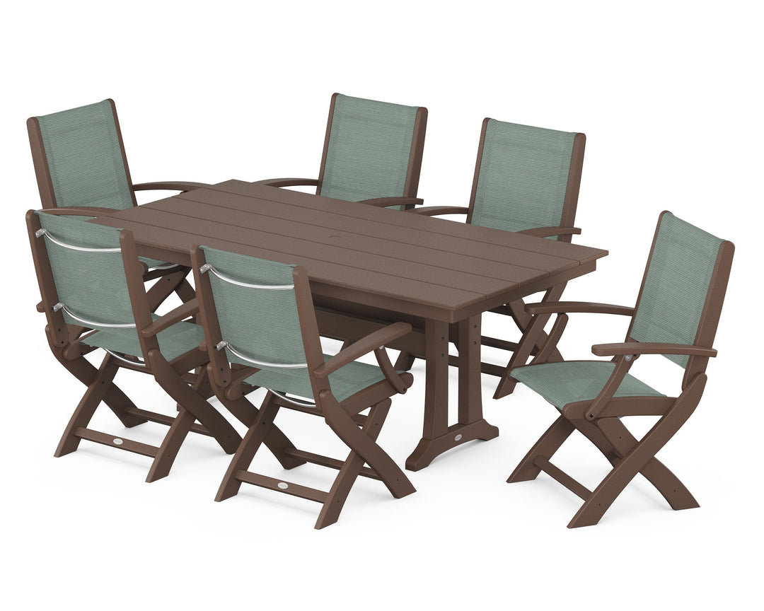 POLYWOOD® Coastal Folding Arm Chair 7-Piece Farmhouse Dining Set with Trestle Legs