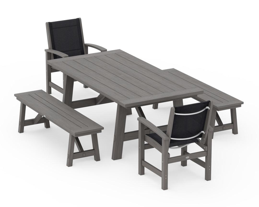 POLYWOOD® Coastal 5-Piece Rustic Farmhouse Dining Set With Benches