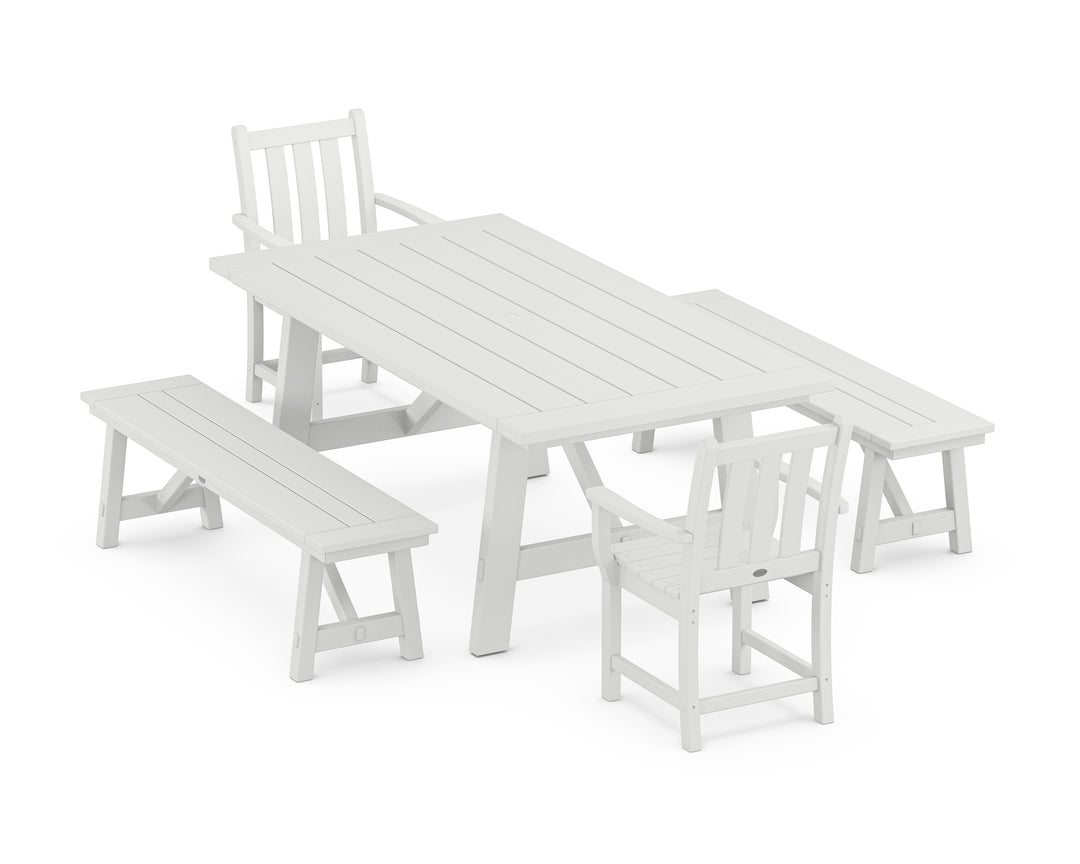POLYWOOD® Traditional Garden 5-Piece Rustic Farmhouse Dining Set With Benches