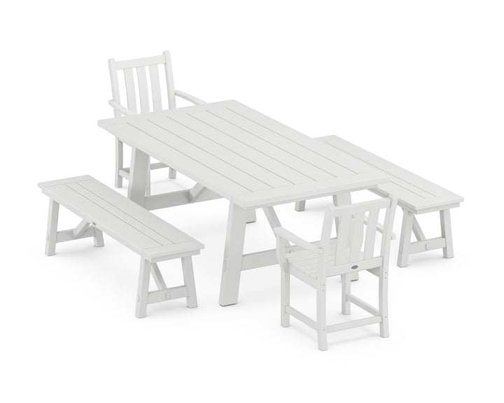 POLYWOOD® Traditional Garden 5-Piece Rustic Farmhouse Dining Set With Benches
