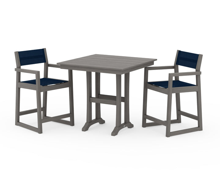 POLYWOOD® EDGE Sling Arm Chair 3-Piece Farmhouse Counter Set with Trestle Legs