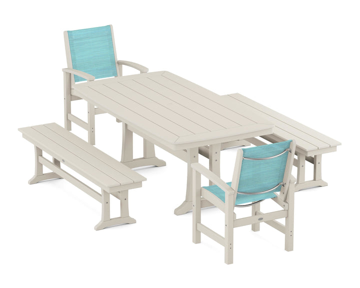 POLYWOOD® Coastal 5-Piece Dining Set with Trestle Legs and Benches