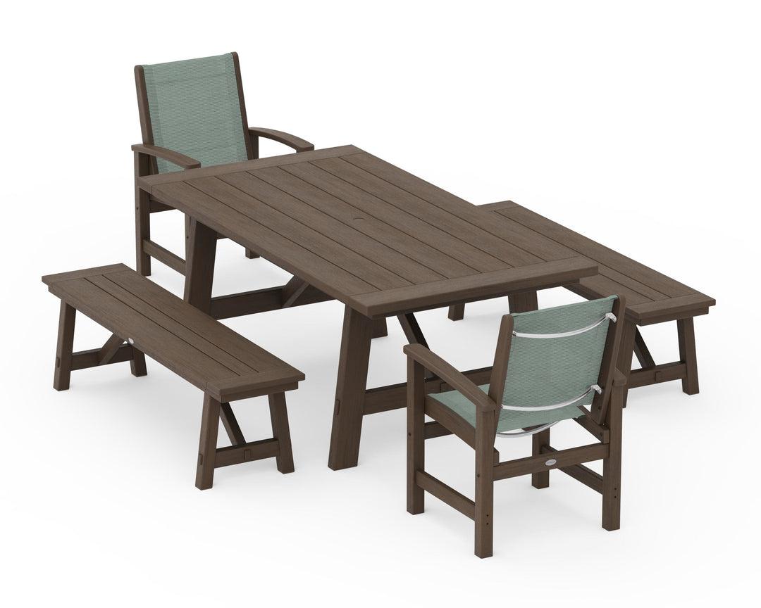 POLYWOOD® Coastal 5-Piece Rustic Farmhouse Dining Set With Benches