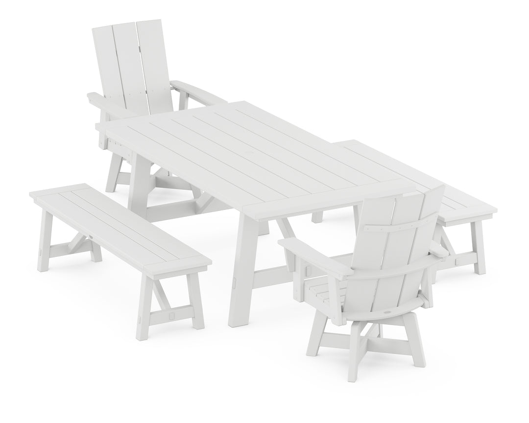 POLYWOOD® Modern Curveback Adirondack Swivel Chair 5-Piece Rustic Farmhouse Dining Set With Benches