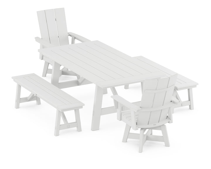 POLYWOOD® Modern Curveback Adirondack Swivel Chair 5-Piece Rustic Farmhouse Dining Set With Benches