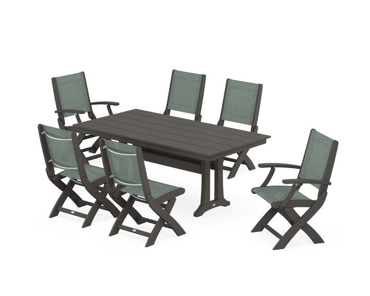 POLYWOOD® Coastal Folding Chair 7-Piece Farmhouse Dining Set with Trestle Legs