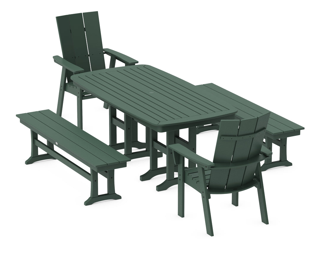POLYWOOD® Modern Curveback Adirondack 5-Piece Dining Set with Benches