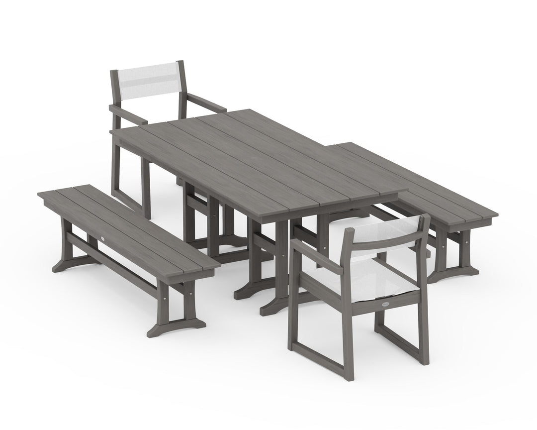 POLYWOOD® EDGE Sling Arm Chair 5-Piece Farmhouse Dining Set with Benches