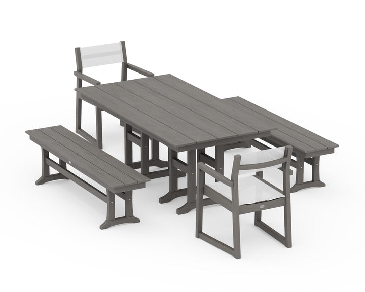 POLYWOOD® EDGE Sling Arm Chair 5-Piece Farmhouse Dining Set with Benches