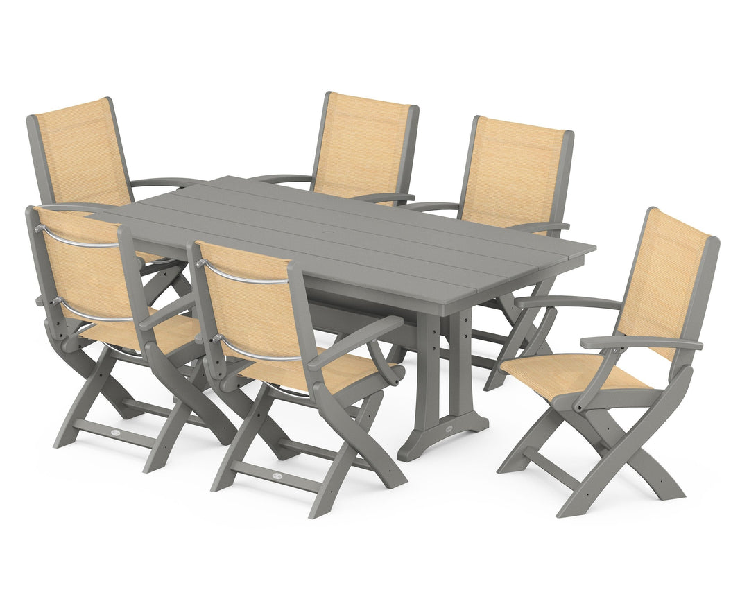 POLYWOOD® Coastal Folding Arm Chair 7-Piece Farmhouse Dining Set with Trestle Legs