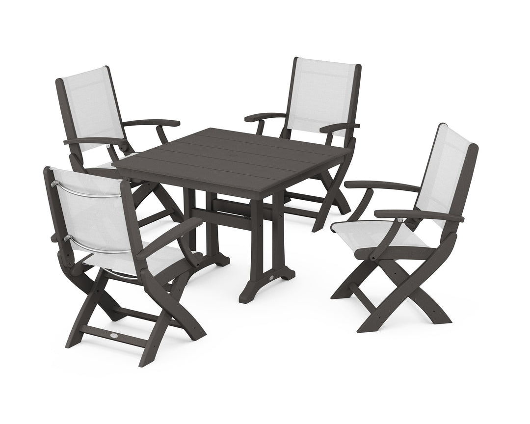 POLYWOOD® Coastal Folding Chair 5-Piece Farmhouse Dining Set With Trestle Legs