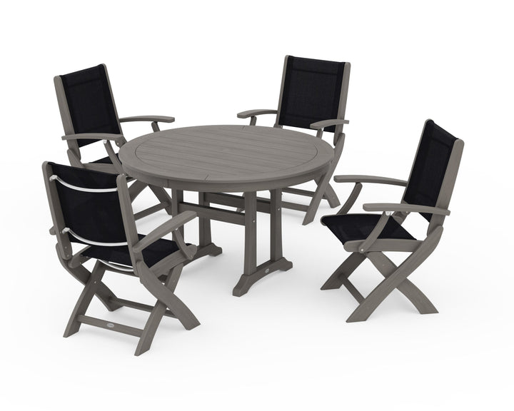 POLYWOOD® Coastal Folding Chair 5-Piece Round Dining Set with Trestle Legs