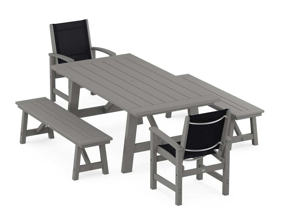 POLYWOOD® Coastal 5-Piece Rustic Farmhouse Dining Set With Benches