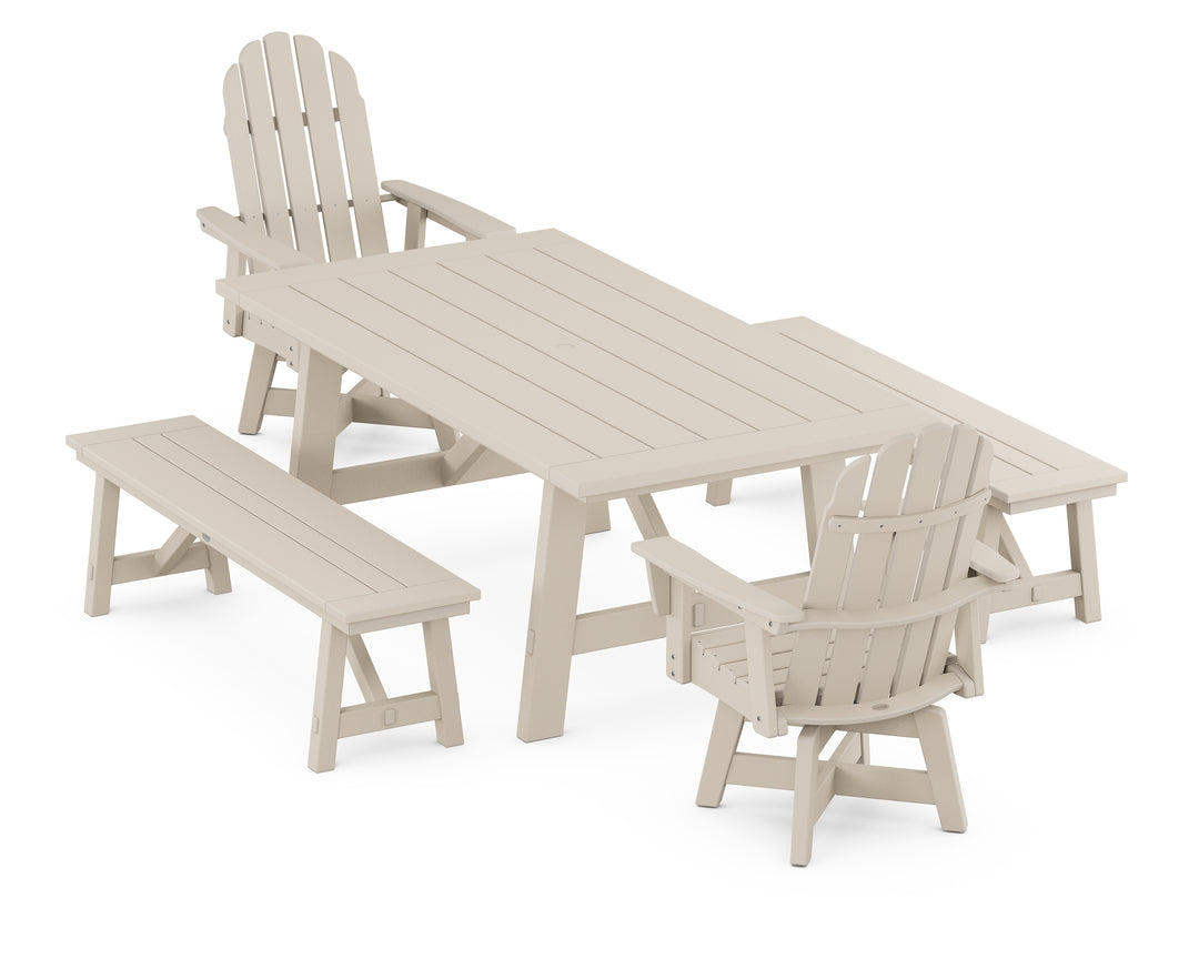 POLYWOOD® VineyardCurveback Adirondack Swivel Chair 5-Piece Rustic Farmhouse Dining Set With Benches