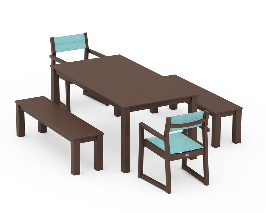 POLYWOOD® EDGE Sling Arm Chair 5-Piece Parsons Dining Set with Benches